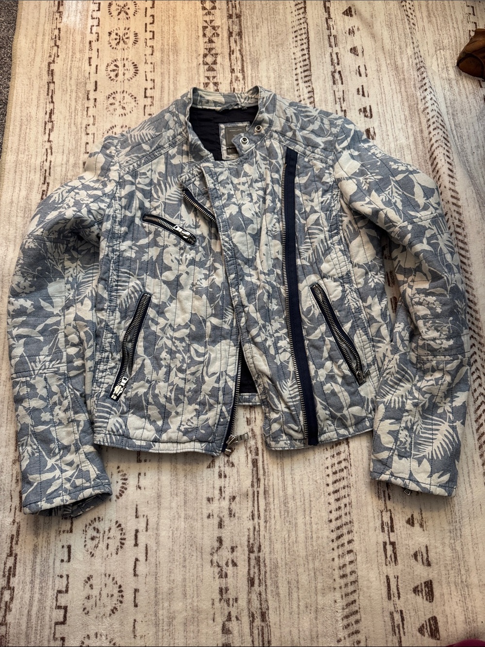 GAP Quilted Floral Moto Jacket - Light Blue & White